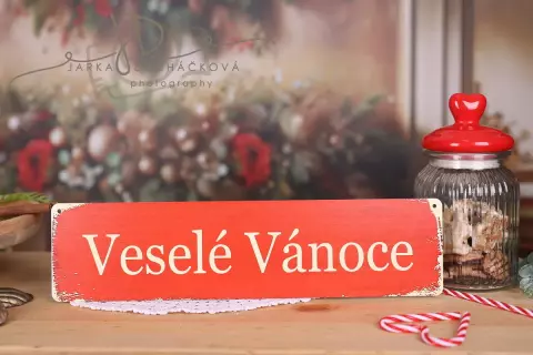 Tabulka Veselé Vánoce plech červená  40x10cm